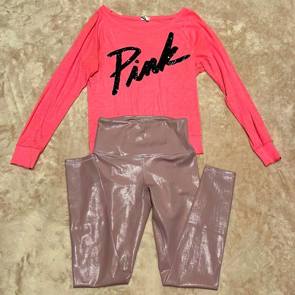 2pc Lot Marika 27'' Mauve Shadows Dylan Leggings S and VS Sequin Pink Sweater XS